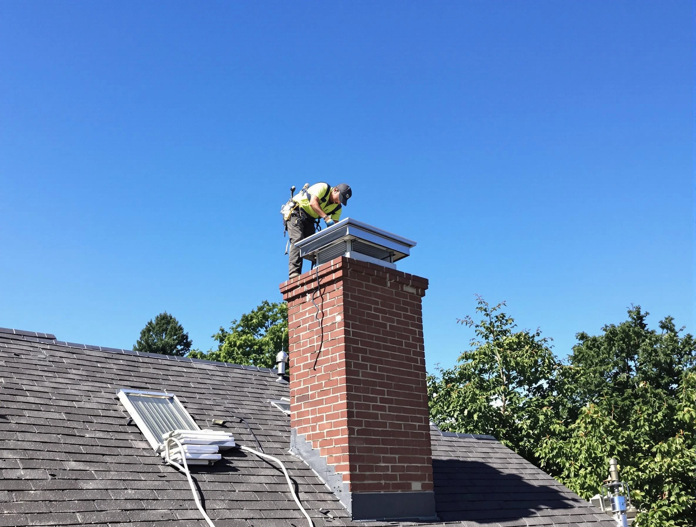 Gloucester Chimney Sweep technician measuring a chimney cap in Gloucester, MA